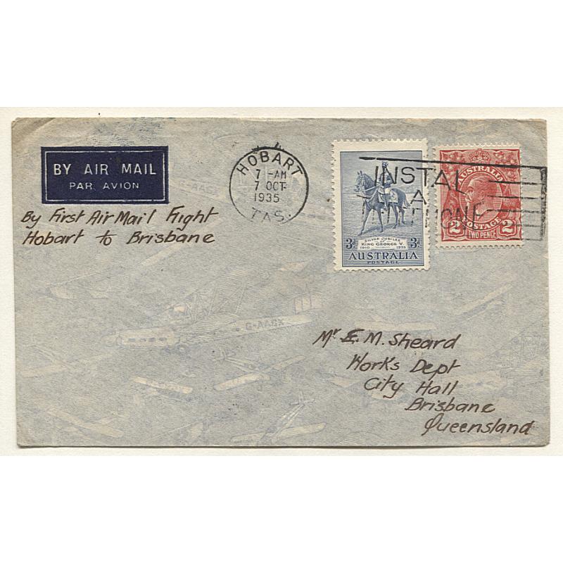 (TY15186) AUSTRALIA · 1935 (Oct 7th): cover carried by Holymans Airways from Hobart and then Melbourne/Sydney on their first air mail flight AAMC #536 · onforwarded next day to Brisbane · nice condition
