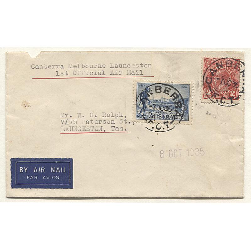 (TY15187) AUSTRALIA · 1935:  cover carried on first Canberra/Melbourne flight by Holymans Airways AAMC #537a · then onforwarded by Holymans to Launceston  · condition as per largest image · c.v.  "from AU$50"