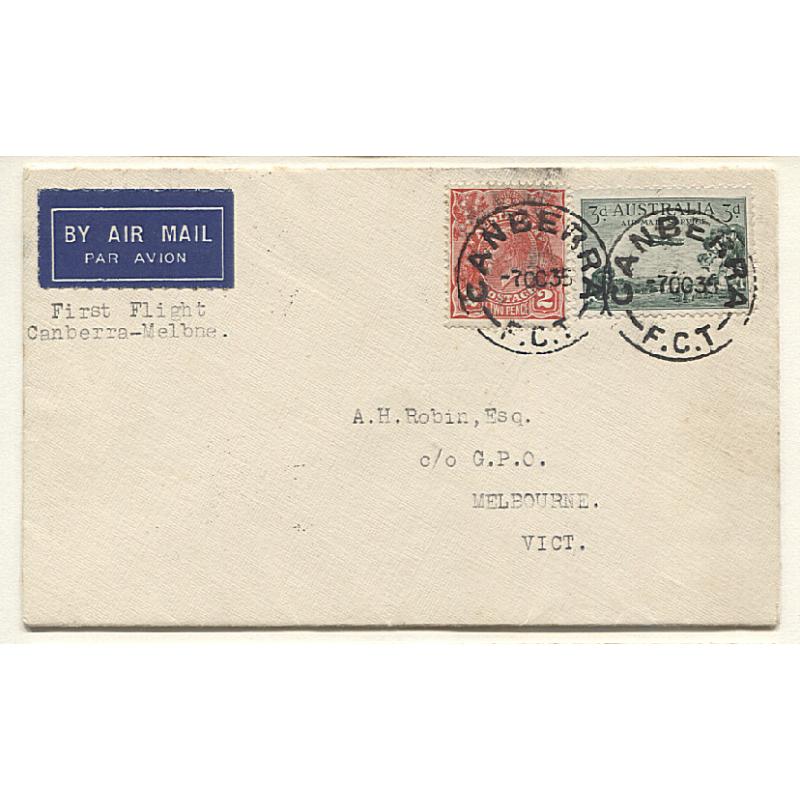 (TY15189) AUSTRALIA · 1935:  cover carried on first Canberra/Melbourne flight by Holymans Airways AAMC #537a · small piece of flap missing o/wise in fine condition · c.v. "from AU$50"