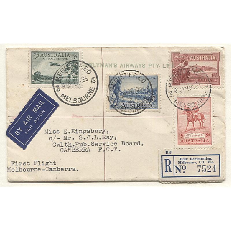 (TY15190) AUSTRALIA · 1935: souvenir registered cover carried on the first air mail flight by Holyman's Airways from Melbourne to Canberra AAMC #537a · excellent to fine condition · uncommon
