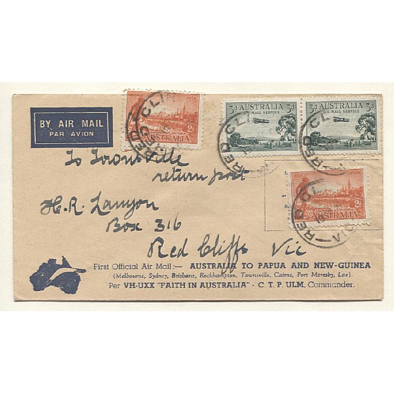 (TY15193) AUSTRALIA · 1934: souvenir  cover mailed in VIC carried Sydney to Townsville and return on the 1st Australia to Papua and New Guinea flight by "Faith in Australia " AAMC #395a · excellent condition