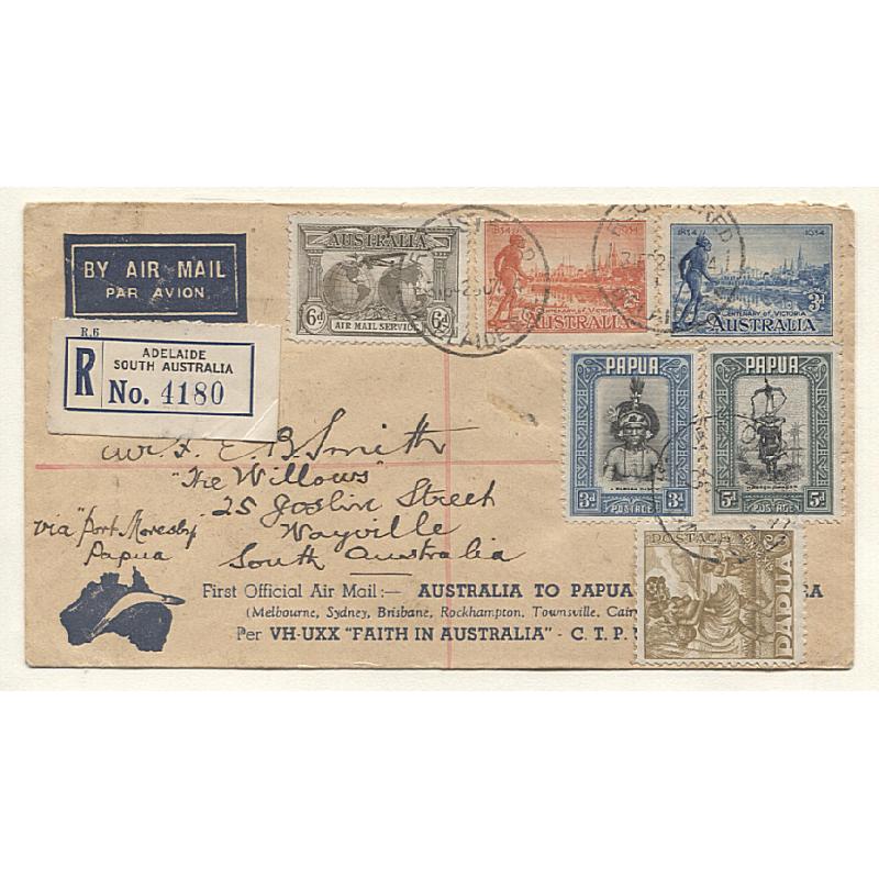 (TY15194) AUSTRALIA · 1934: twice cacheted/registered souvenir "boomerang cover" carried on flight by CTP Ulm et al AAMC #393 · excellent to fine condition (2 images)