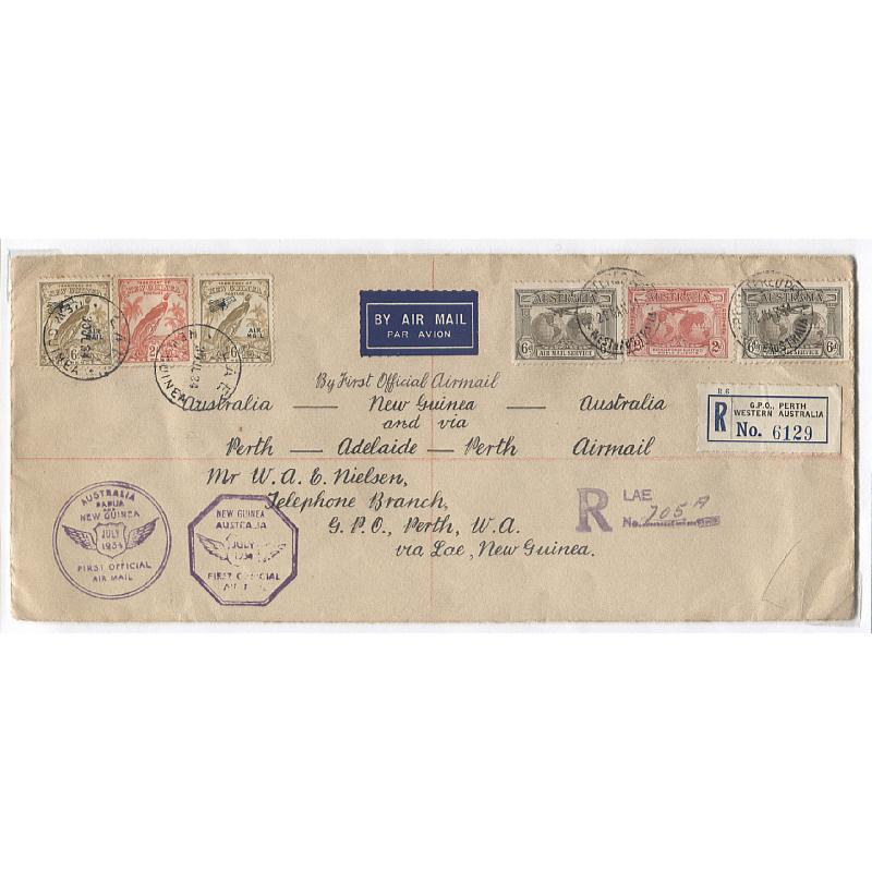 (TY15199L) AUSTRALIA · NEW GUINEA  1934: registered "boomerang cover" carried of 1st Official Air Mail Flight (per "Faith in Australia") Perth to Lae and return AAMC #3956 · surprisingly nice condition for a larger air mail cover