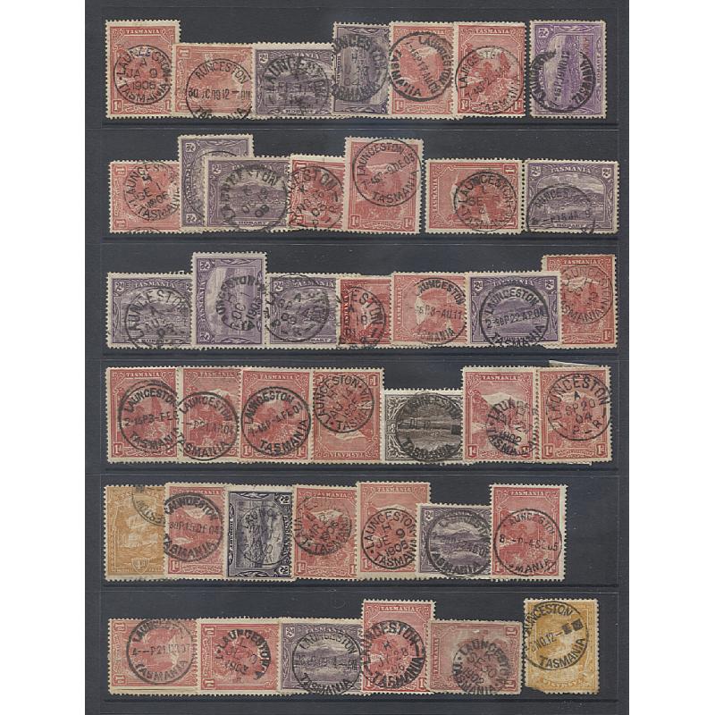 (TY15200L) TASMANIA · 10 Hagners housing an accumulation of cds postmarks on Pictorials and other issues · only major post offices represented · a clean lot of 400+ items (10 images)