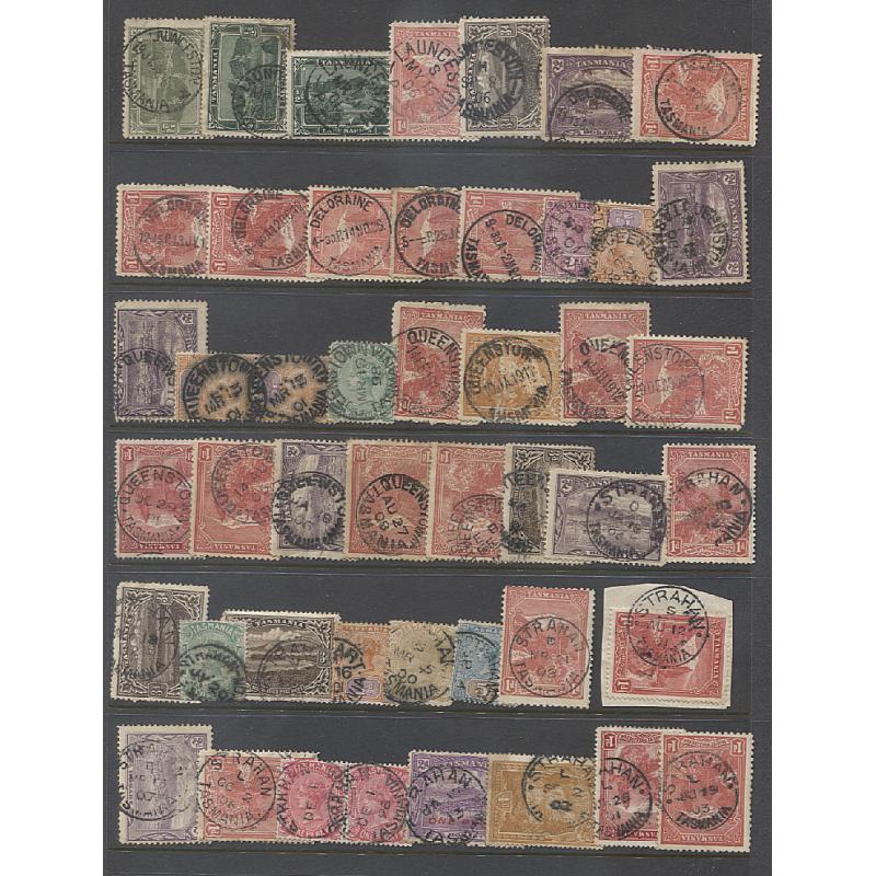 (TY15200L) TASMANIA · 10 Hagners housing an accumulation of cds postmarks on Pictorials and other issues · only major post offices represented · a clean lot of 400+ items (10 images)