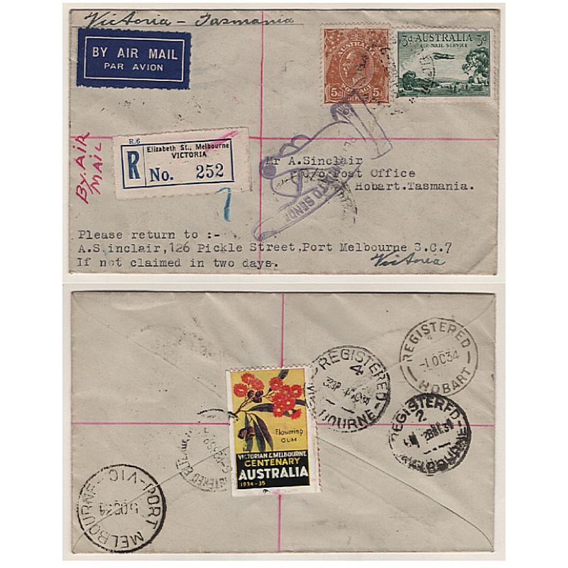 (TY15219) AUSTRALIA · 1934 (Oct 2nd): regd cover carried on first Melbourne/Launceston air mail flight via King Island by Holymans Airways AAMC #424 · onforwarded by air to Hobart (arrival b/s) · see description · c.v. AU$80