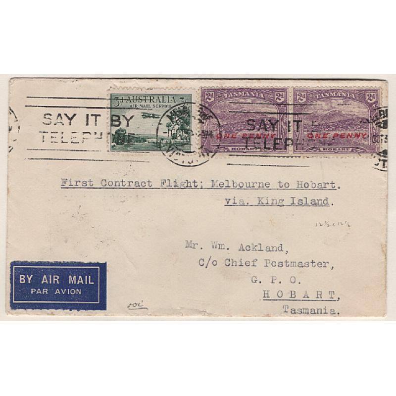 (TY15228) AUSTRALIA · 1934 (Oct 2nd): cover carried on first Melbourne/Launceston air mail flight via King Island by Holymans Airways AAMC #424 · on arrival the cover was onforwarded by air to Hobart (arrival b/s) · fine condition · c.v. AU$80