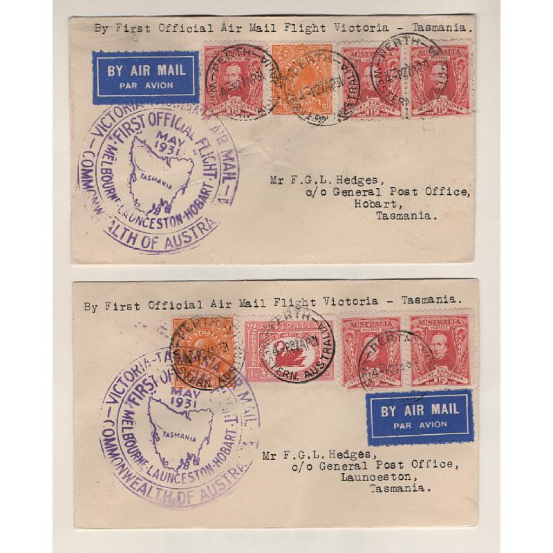 (TY15230) AUSTRALIA · TASMANIA  1931: cacheted cover carried on first air mail flight from Melbourne to Launceston (Type R1 ENQUIRY COUNTER b/s rated 2R) and Hobart AAMC #198, 198a both in VF condition (2)