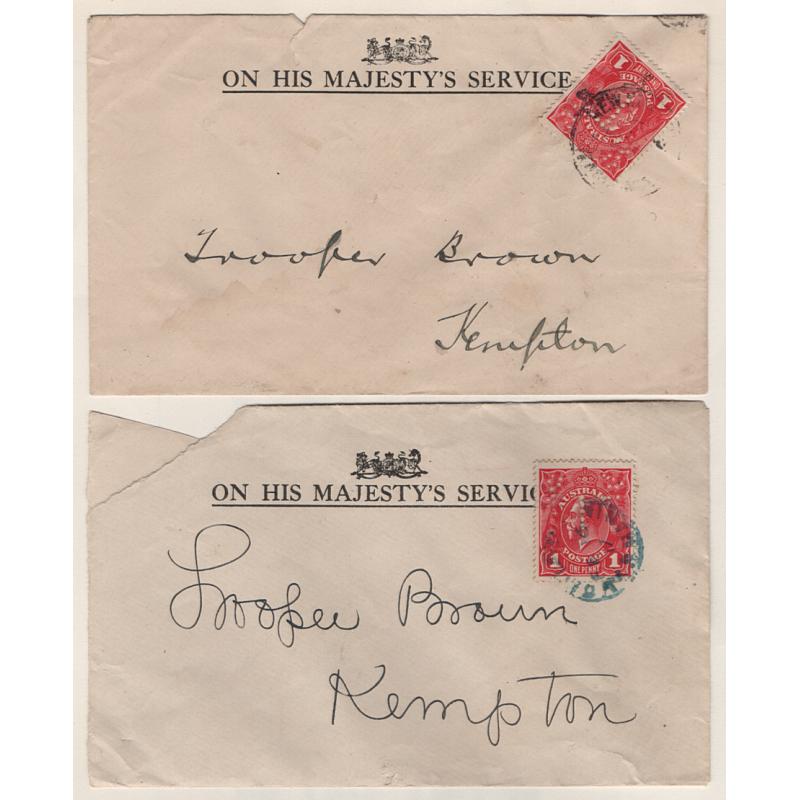 (TY15235) TASMANIA · 1916/17: 2x OHMS covers to "Trooper Brown, Kempton" franked with 1d red KGV defins bearing T perfins (5x5 and 6x6 holes respectively) · both envelopes have missing pieces but still "present well" (2)