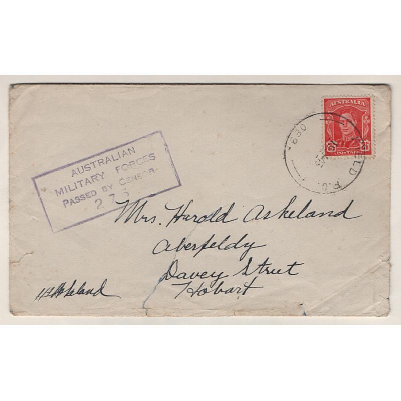 (TY15237) TASMANIA · 1943: censored cover (by the sender!!) with 2½d KGVI franking tied by a clear strike of FIELD P.O. 089 cds used at BRIGHTON CAMP · roughly opened at base but intact and very displayable · postmark rated R
