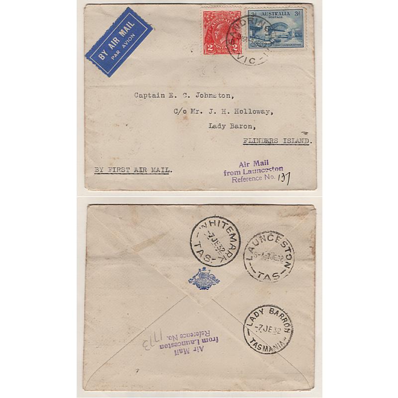 (TY15239) TASMANIA · AUSTRALIA · 1932 (June 7th): souvenir cover mailed in VIC carried on the 1st airmail flight from Launceston to Flinders Island AAMC #267 · forwarded to Lady Barron on arrival · excellent condition