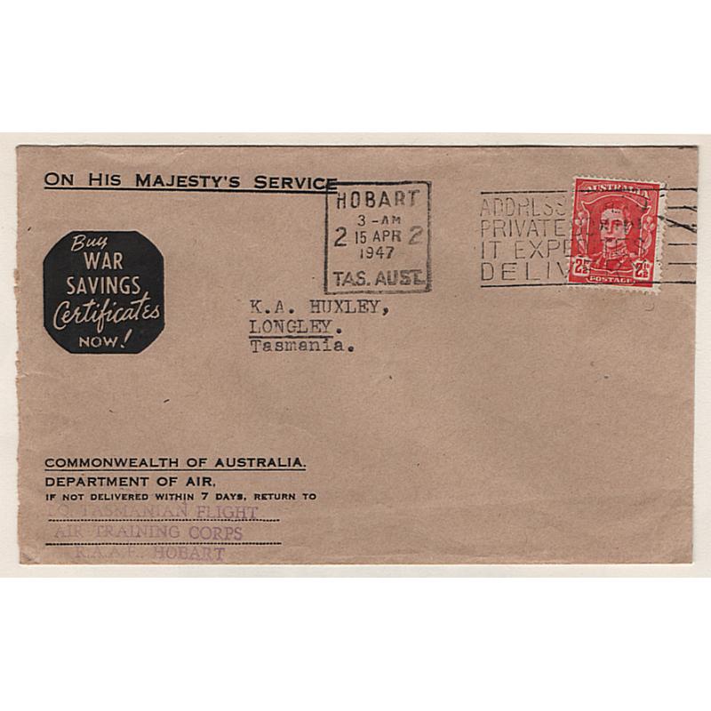 (TY15240) TASMANIA · AUSTRALIA · 1947: neat OHMS enveope mailed at Hobart to Longley · note H.Q. TASMANIAN FLIGHT AIR TRAINING CORPS R.A.A.F. HOBART · fine condition