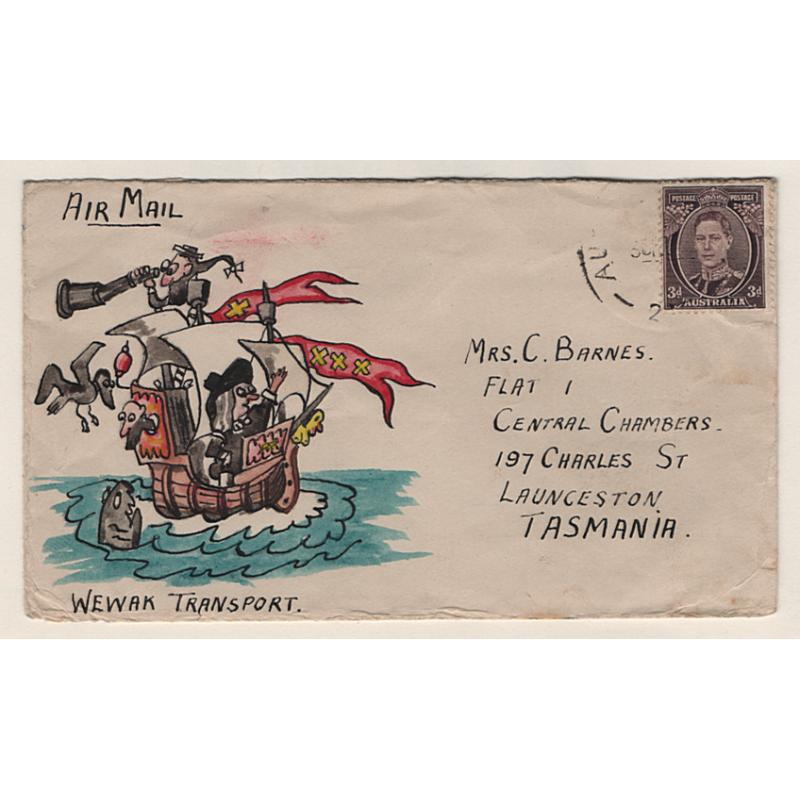 (TY15244)) AUSTRALIA · 1945: uncensored cover at armed forces concessional air mail rate with a delightful colour illustration titled WEWAK TRANSPORT · some back faults · excellent appearance from front