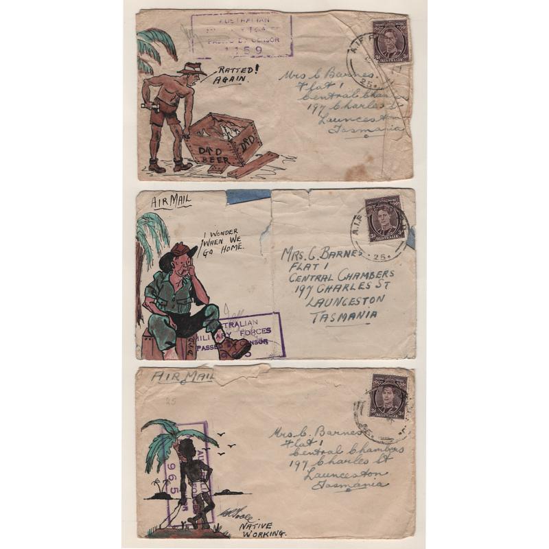 (TY15245) AUSTRALIA · 1945: 3x "On Active Service" air mail covers to TAS address each with coloured hand illustrations · very mixed condition so please view the largest image (3)