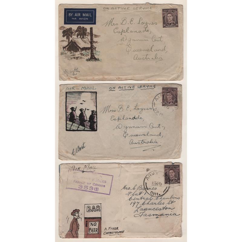 (TY15246) AUSTRALIA · 1943/45: 3x "On Active Service" air mail covers to QLD and TAS addresses each with coloured hand illustrations · mixed condition so please view the largest image (3)