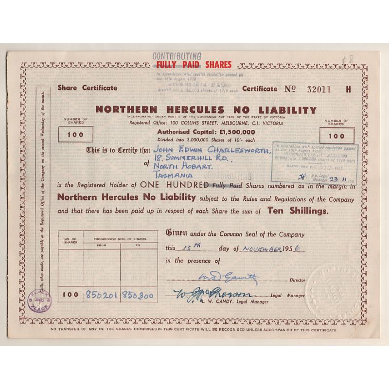 (TY15253L) NORTHERN TERRITORY · 1956: share certificate for 100 shares in the NORTHERN HERCULES (Gold Mine) NO LIABILITY in fine condition