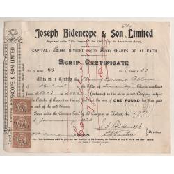 (TY15255L) TASMANIA · 1923/39: two scrip certificates for shares in JOSEPH BIDENCOPE & SON PTY LTD with S/Duties affixed · both items in an excellent condition (2 images)