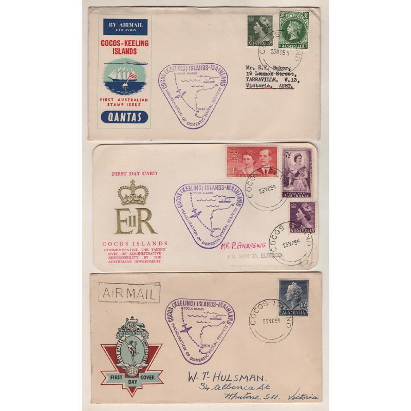 (TY15270) AUSTRALIA · COCOS IS.  1955: duplicate assembly of 5 covers and a souvenir card (all with same cachet) carried on inaugural Cocos Is/Perth. air mail flight · condition ranges from VG to fine · six items (2 images)
