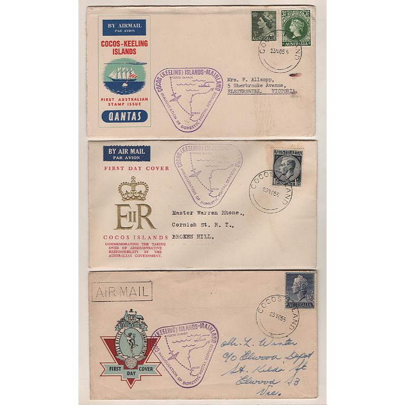 (TY15270) AUSTRALIA · COCOS IS.  1955: duplicate assembly of 5 covers and a souvenir card (all with same cachet) carried on inaugural Cocos Is/Perth. air mail flight · condition ranges from VG to fine · six items (2 images)