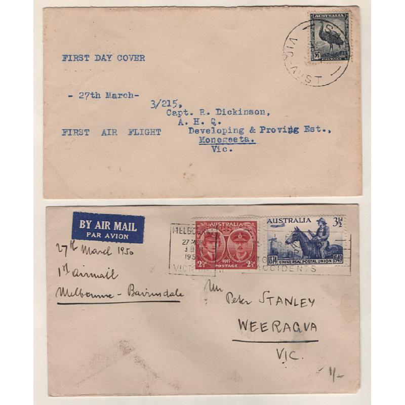 (TY15273) AUSTRALIA · 1950 (March 27th); covers carried on the first air mail flight by ANA MELBOURNE/BAIRNSDALE (AAMC #1239) and SALE/MELBOURNE (AAMC #1240a) · both items in excellent condition · cover to WEERAGUA has a full clear b/stamp (2)