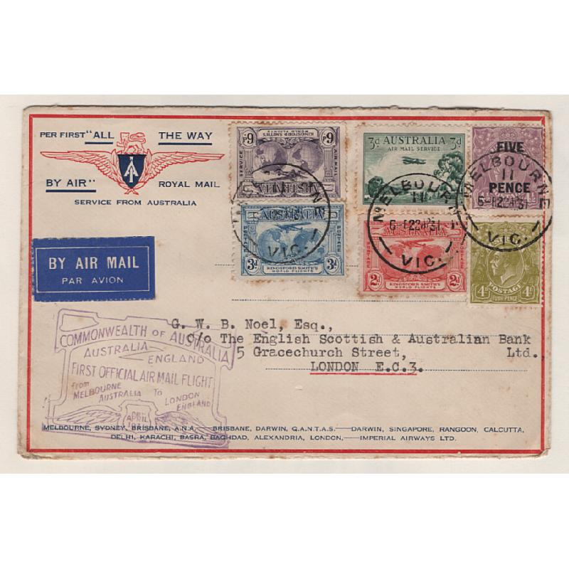 (TY15276) AUSTRALIA · 1931(April 23rd): attractively franked and cacheted souvenir cover carried of the first "ALL THE WAY" air mail flight from Australia to G.B. AAMC #188 · see full description · c.v. AU$50