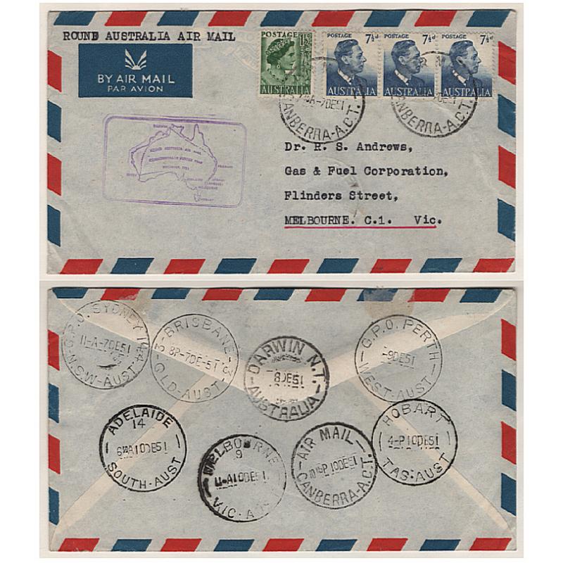 (TY15277) AUSTRALIA · 1951: cacheted cover carried on the first 'ROUND AUSTRALIA AIR MAIL flight which was organised by the APO AAMC #1286 · fine condition · usual array of b/stamps · $5 STARTER!!