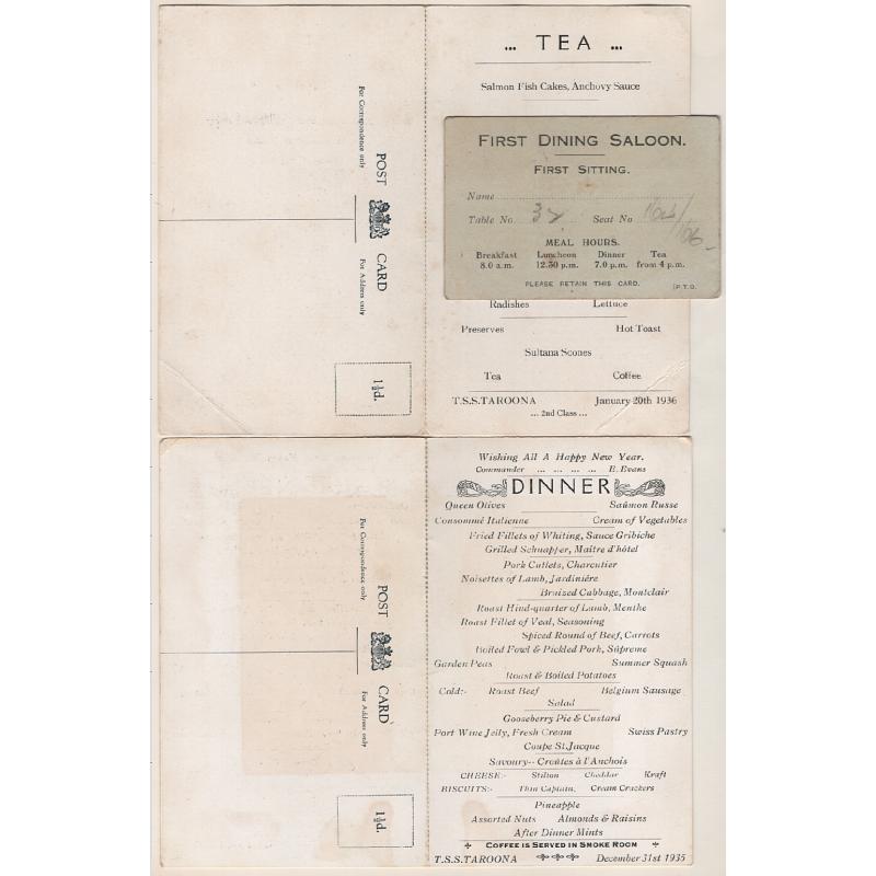 (TY15278) TASMANIA · 1935/36: two T.S.S. TAROONA menus - front panel with photo of ship have 'postcard backs'; also used First Dining Room sitting ticket · condition as per largest images (3 items)