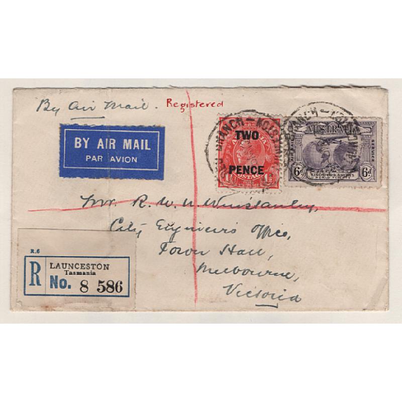 (TY15279) AUSTRALIA · TASMANIA  1931 (May 5th): registered envelope carried Launceston/Melbourne by ANA Ltd on their recently established service · note blue/black reg label and uncommon combo franking · any imperfections are quite minor