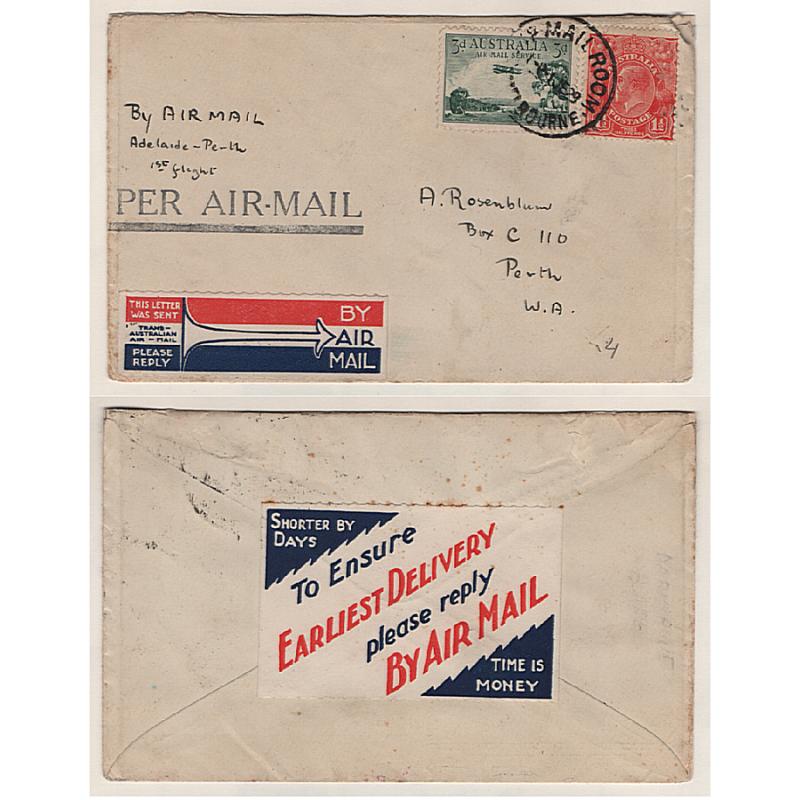 (TY15281) AUSTRALIA · 1929: cover carried on 1st Adelaide/Perth air mail flight AAMC #136 · 2 air mail labels front/reverse · any imperfections are quite minor