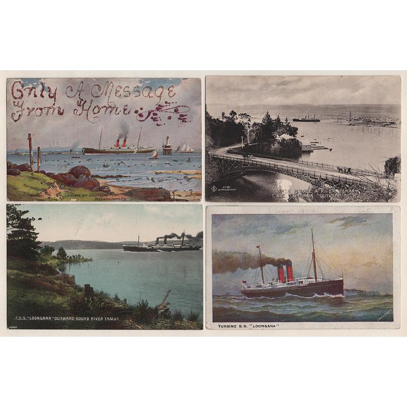 (TY15284) TASMANIA · c.1910: 4 different cards featuring views of the T.S.S. "LOONGANA", two on the Tamar River · please see full description (4)