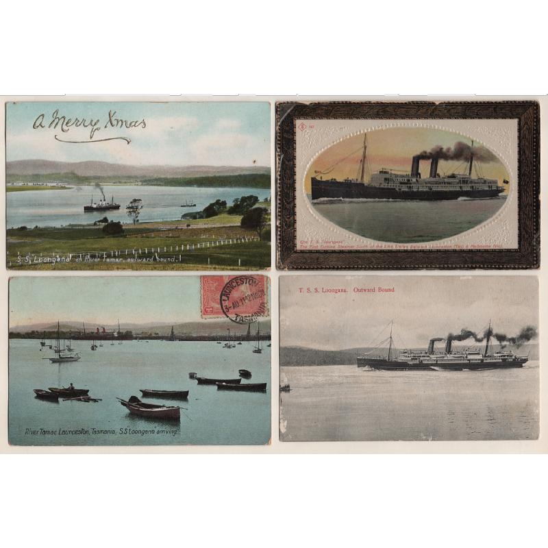 (TY15285) TASMANIA · c.1910: 4 different cards featuring views of the T.S.S. "LOONGANA", three on the Tamar River · condition is a little mixed so please see full description (4)