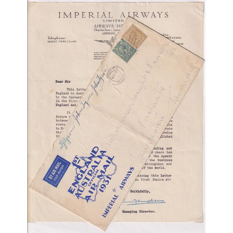 (TY15293L) GREAT BRITAIN · AUSTRALIA  1931 (April): Imperial Airways souvenir cover carried on the 1st Official ENGLAND - AUSTRALIA air mail flight AAMC #187 (with contents) · the envelope has some issues so please view the largest image (2 items)