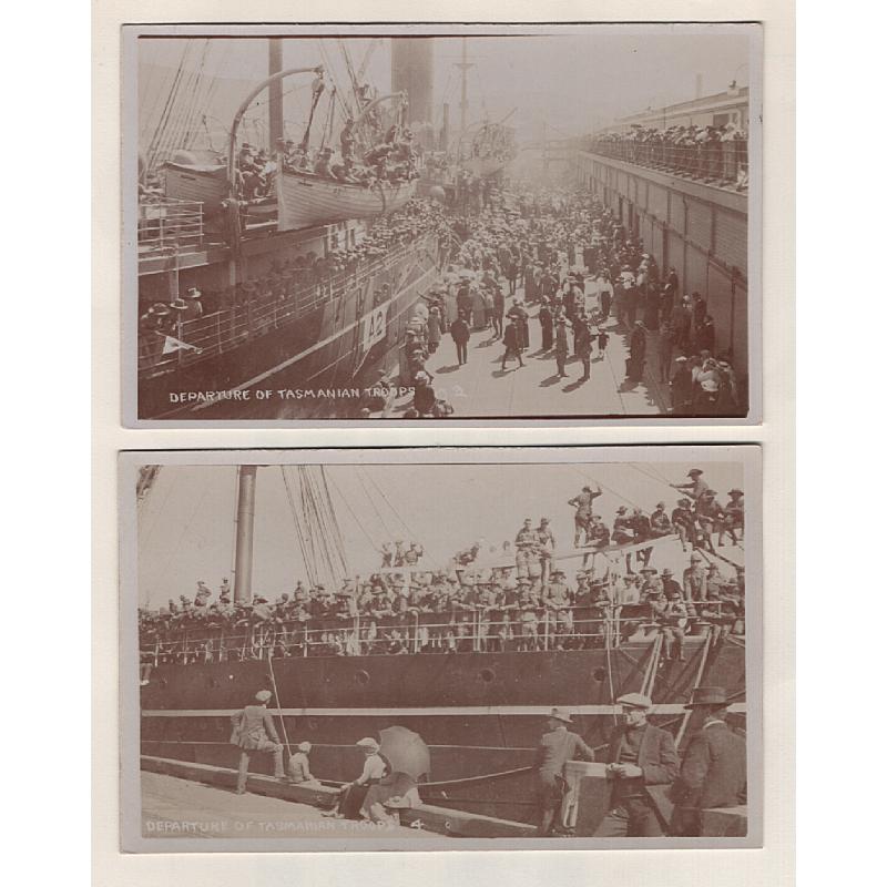 (TY15294) TASMANIA · 1914: two unused real photo cards (W.J. Little?) with views numbered 4 & 12 of the DEPARTURE OF TASMANIAN TROOPS on HMAT Geelong (A2) in October · both cards in fine condition (2)