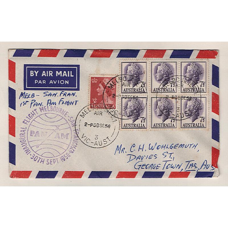 (TY15295) AUSTRALIA · 1958: small cacheted 'boomerang cover' carried on inaugural Melbourne/San Francisco flight by PAN/AM · outwards flight AAMC #1396 · fine condition