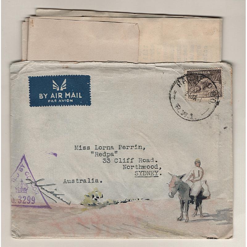 (TY15297) AUSTRALIA · 1941: watercolour illustrated censored air mail cover to Australia with 9d Platypus tied by a clear strike of RAILHEAD P.O. - R.W.1. postmark (Palestine) · contains correspondence · excellent clean condition