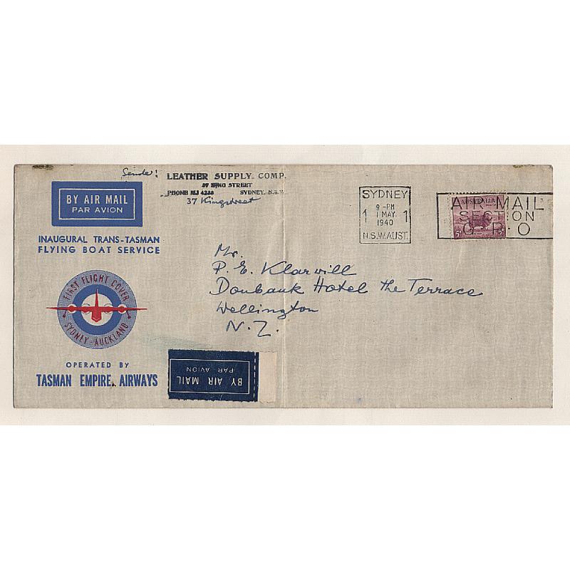 (TY15299L) AUSTRALIA · 1940: souvenir envelope flown on INAUGURAL TRANS-TASMAN FLYING BOAT SERVICE operated by Tasman Empire Airways AAMC #900 · central fold o/wise in excellent condition · c.v. AU$100