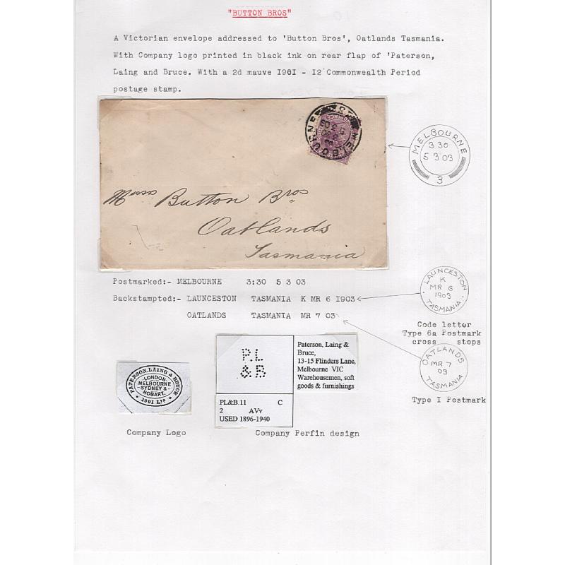 (TY15300L) VICTORIA · NEW SOUTH WALES 1903/12: commercial covers to Tasmania with single franking bearing various PRIVATE PERFINS · see full description (4 images)