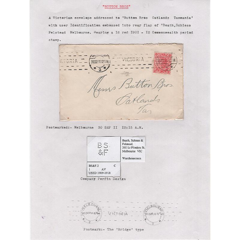 (TY15300L) VICTORIA · NEW SOUTH WALES 1903/12: commercial covers to Tasmania with single franking bearing various PRIVATE PERFINS · see full description (4 images)
