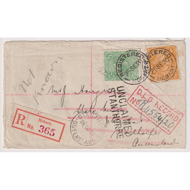 (UU1060) TASMANIA · AUSTRALIA  1920: registered commercial cover to Stanthorpe (QLD) mailed from the Hobart GPO · endorsed "Not Known" and returned to sender · see full description (2 images)