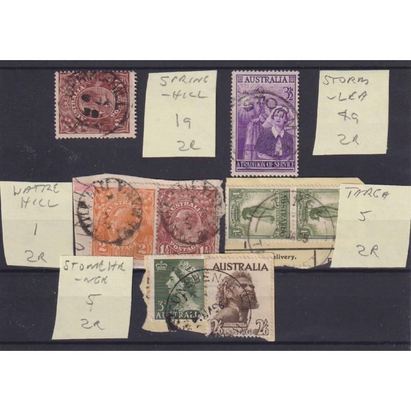 (UU1221) TASMANIA · 5 different postmarks stated by the vendor to be rated 2R · mainly 2nd or 3rd choice quality strikes · comprises SPRING HILL, STORMLEA, WATTLE HILL, TARGA and STONEHENGE (5)