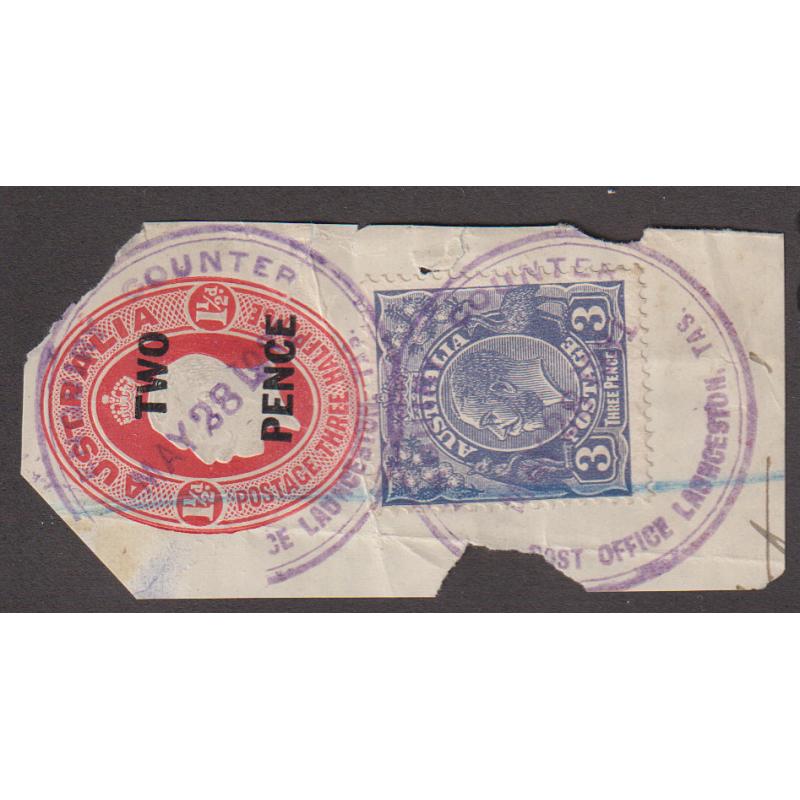 (UU1231) TASMANIA · 1931: two strikes of the ENQUIRY COUNTER LAUNCESTON Type R1 cds on an envelope piece · postmark is rated 2R