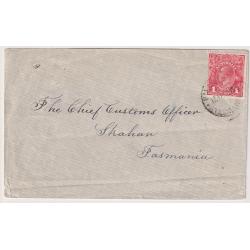 (UU1238) TASMANIA · 1915: envelope with 1d red KGV franking tied by an incomplete but obvious strike of the PILLINGER Type 2ac cds which is rated 3R during this period (2 images)