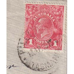 (UU1238) TASMANIA · 1915: envelope with 1d red KGV franking tied by an incomplete but obvious strike of the PILLINGER Type 2ac cds which is rated 3R during this period (2 images)