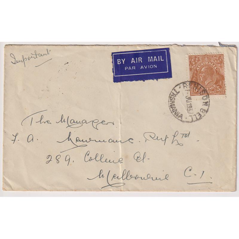 (UU1239) TASMANIA · 1937: commercial air mail cover mailed at RENISON BELL to Melbourne · nice full strike of the Type 2a cds · central crease but clean and in an o/wise excellent condition