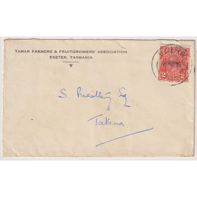 (UU1241) TASMANIA · 1935: small commercial cover with single 2d red KGV franking socked-on-the-nose by a clear strike of the LOIRA Type 4a cds which is rated R