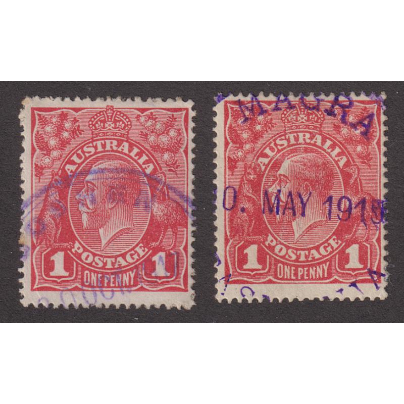 (UU1248) TASMANIA · partial strikes but with clear town names and full dates of the GOSHEN (1917) and MAGRA (1915) Type R1 cds · both postmarks are rated 3R (2)