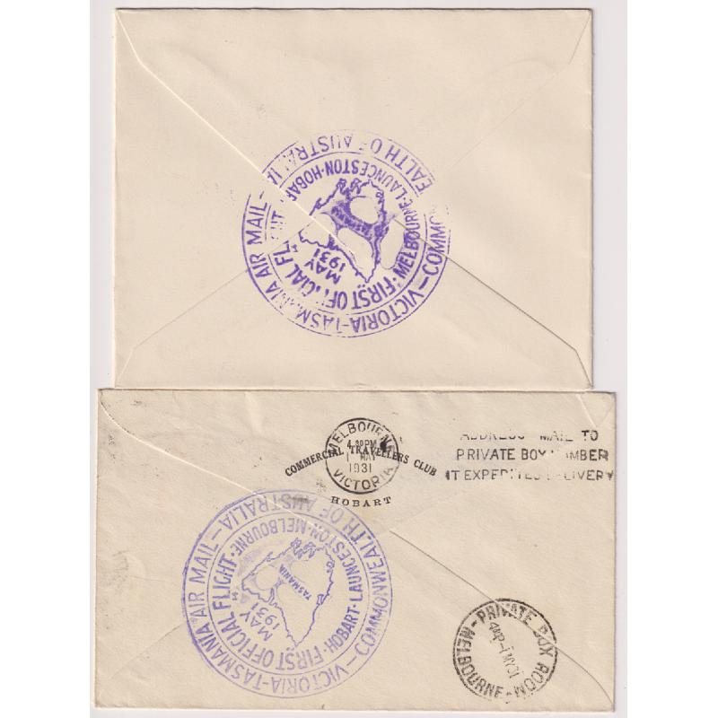 (UU1249) AUSTRALIA · TASMANIA · 1931: neat covers carried on the 1st Air Mail Flight Tasmania/Melbourne and on the return journey with relevant cachets on the backs AAMC 197/198 · both items in nice condition · total c.v. AU$100 (2 images)