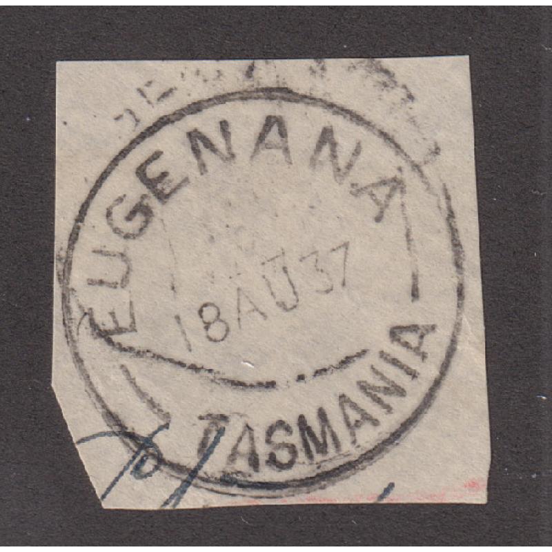 (UU1264) TASMANIA · 1937: a full clear example of the EUGENANA Type 2b cds on an envelope clipping · postmark is rated 2R