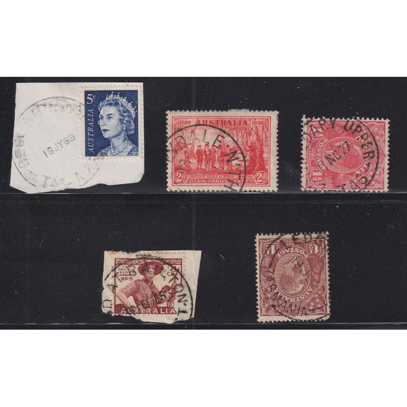 (UU1267) TASMANIA · selection of mainly "3rd Choice" quality cds postmarks  from BEULAH LOWER, LILYDALE N'TH, DROMEDARY UPPER, PAID AT RAILTON and LEDGERWOOD · all postmarks are rated 3R (5)