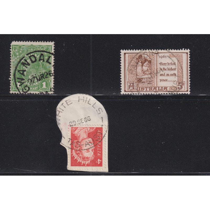 (UU1269) TASMANIA · selection of 3x "2nd Choice" quality cds postmarks  from GWANDALAN, PALOONA and WHITE HILLS · all postmarks are rated 3R (3)